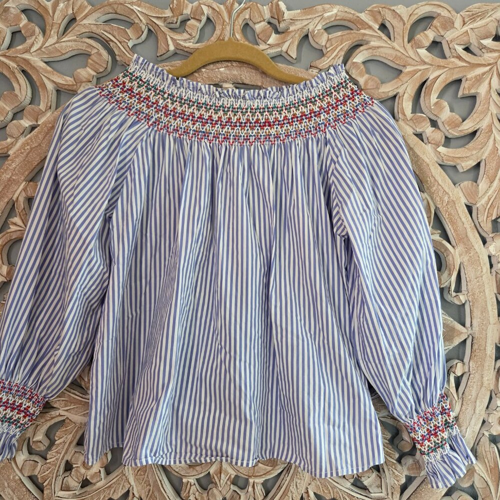 Romeo & Juliet Couture striped, off-the-shoulder top smocked embroidery